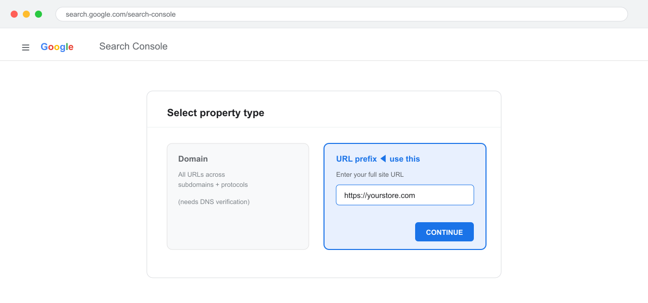 Google Search Console "Select property type" screen with the URL prefix option highlighted