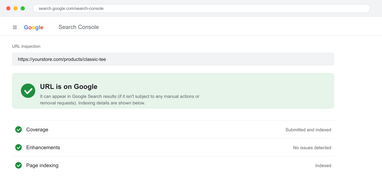 Search Console URL Inspection result showing "URL is on Google" with indexing details