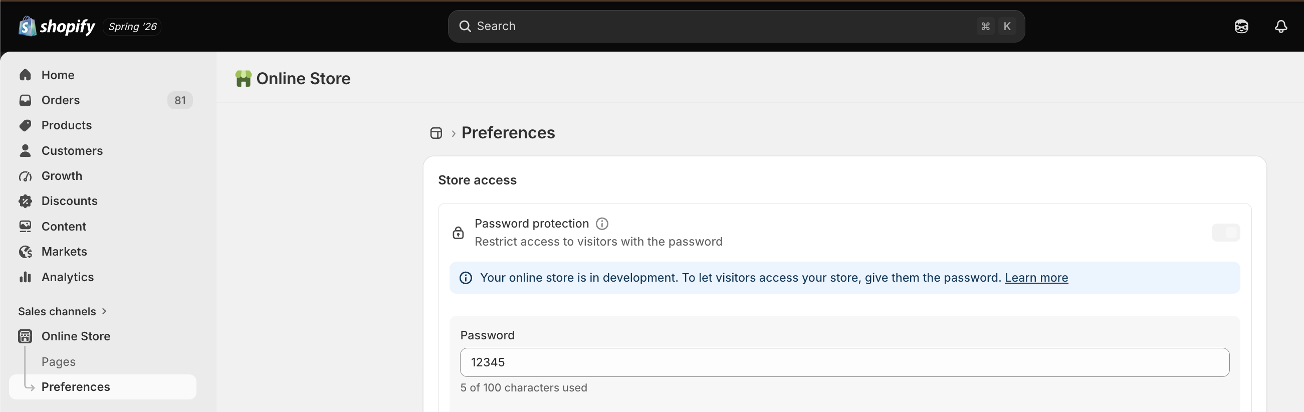 Shopify admin Online Store Preferences showing the Password protection toggle under Store access