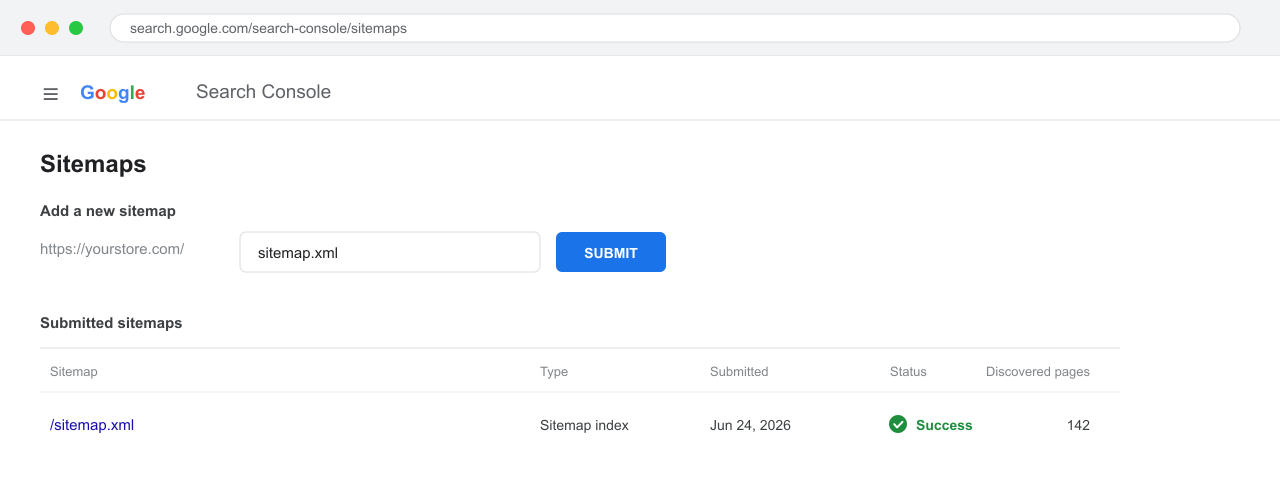 Search Console Sitemaps page showing sitemap.xml submitted with a Success status