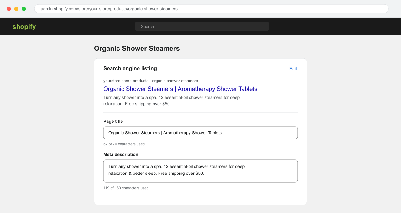 Shopify Edit search engine listing box on a product, showing the page title and meta description fields