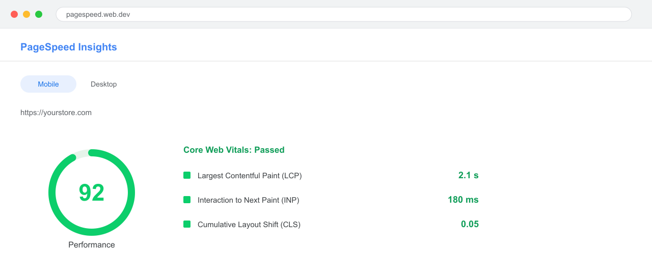 PageSpeed Insights mobile result showing Core Web Vitals LCP, INP and CLS passing