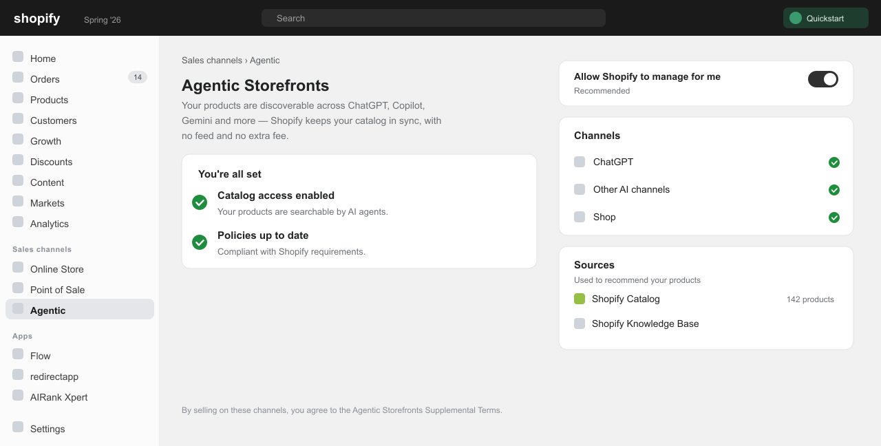 Shopify admin Agentic storefronts page showing AI channels — ChatGPT and Microsoft Copilot active, Google AI Mode and Gemini in early access, Shop active, with no extra fee