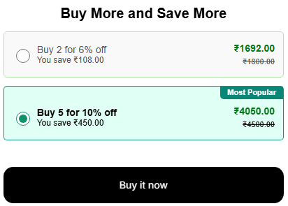 Volume discount widget styled with brand colors — Buy More and Save More heading, two tier cards, Most Popular badge, savings amount, and Buy it now button