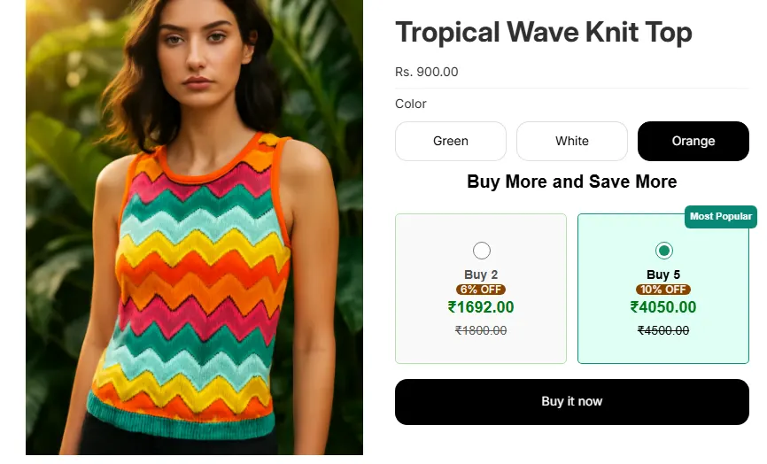 Xperts Volume Discount widget on a Shopify product page — color variants and tiered quantity breaks with Most Popular badge