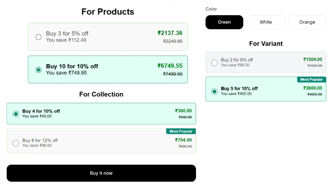 Three discount configurations side-by-side: For Products (Buy 3 save 5%, Buy 10 save 10%), For Variant (different tiers per color), and For Collection (Buy 4 save 10%, Buy 8 save 12%)
